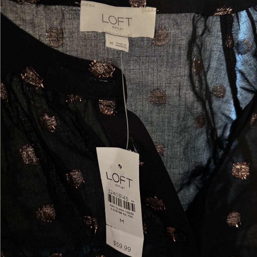 LOFT Black and Gold Polka Dot Blouse NWT